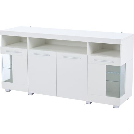 Credenza soggiorno 140 x 40 x 70 cm bianca lucida con illuminazione LED e porte in vetro temperato (1/5)