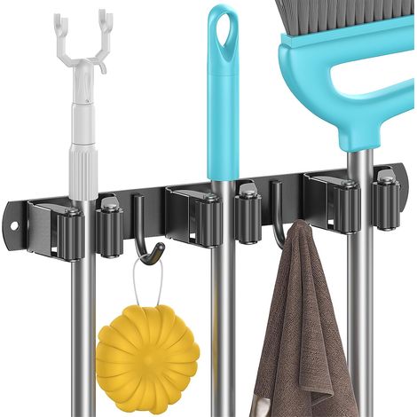 1 - Support Balais Mural - Range Outils Jardin - 3 Clips Rouleaux Et 2 Crochets - Fixation Adhésive Ou À Vis - Pour Garage Buanderie Extérieur - Noir - 32x5x4cm (1/5)