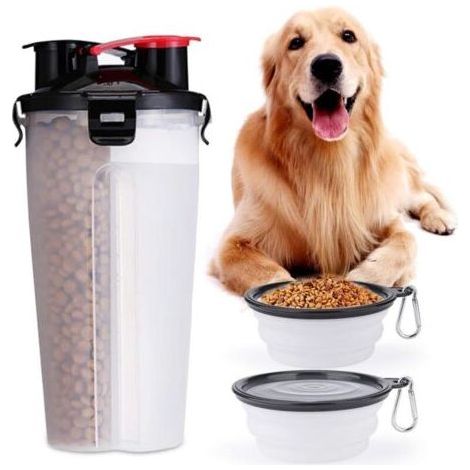 Ulisem 2 in 1 Portable Water Bottle and Food Container with 2 Collapsible Bowls for Dogs, Cats and Puppies, Car Travel Water Dispenser, Large Size, BPA Free (1/4)