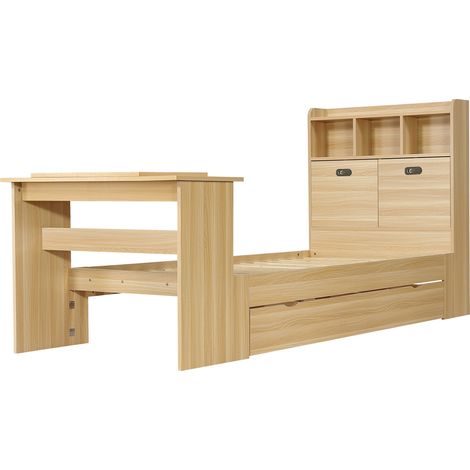Kinder-Einzelbett 90x200 cm aus Naturholz mit Stauraum und klappbarem Tisch (1/5)