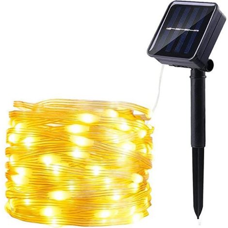 Guirlande Solaire - 10 m - 100 LED Blanc Chaud - Fil de Cuivre - Extérieur Jardin - 1 Pièce (1/4)
