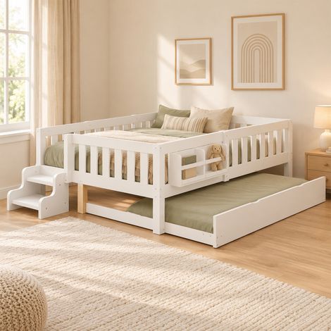 Lit enfant 140x200 cm avec lit gigogne, barrières de sécurité, bibliothèque, escalier et sommier inclus, lit multifonction en bois - Blanc (1/5)