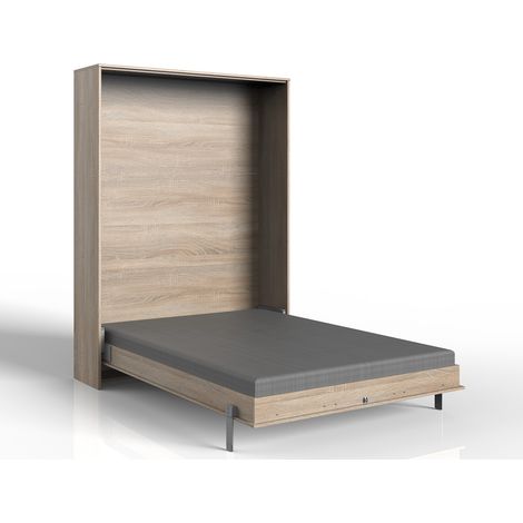 Pegane – Lit escamotable vertical 140x200 cm – Panneaux mélaminés imitation chêne – Longueur 152 cm – Hauteur 213 cm – Profondeur 43-217 cm (1/4)