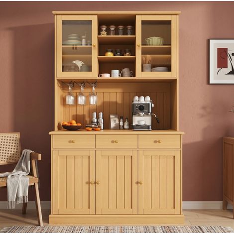 Buffet haut 120/40/191 cm aspect bois naturel avec vitrines, range-verres et prises intégrées (1/5)