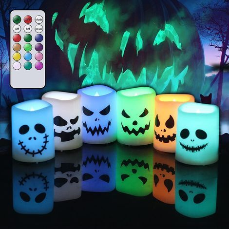 Bougies LED sans flamme pour Halloween avec minuterie à distance, changement de couleur, alimentées par piles, parfaites pour la décoration intérieure et les cadeaux d'Halloween (lot de 6, 3,8 cm x 5 (1/5)