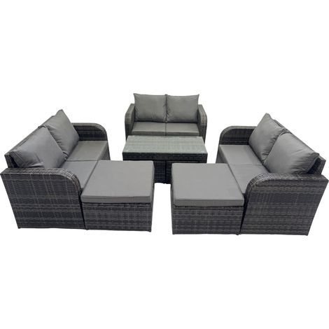 Fimous 3 Seater Sofa Reclining Chair Coffee Table Set Rattan Garden Outdoor Furniture Set with 2 Big Footstools Dark Grey Mixed (1/5)