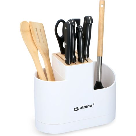 Bloc Couteaux et Porte-Ustensiles de Cuisine - Organiseurs de Cuisine - Plastique/Bambou - Blanc (1/5)