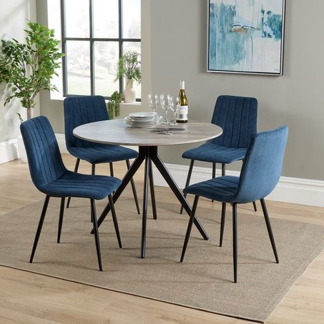 Aspen Round Dining Table with 4 Straight Stitch Cord Dining Chairs - Grey Oak/Blue/Black - Flat Packed