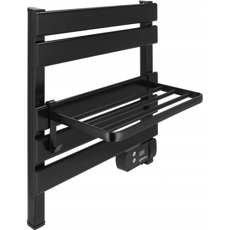 YOEVU Toallero eléctrico Negro, con Estante, 150W, aleación de Aluminio Pantalla LCD táctil, Temporizador programable, diseño Compacto Secado eficiente y Ahorro de energía