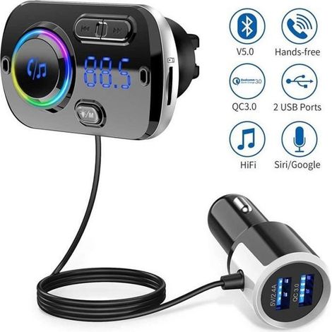 Transmetteur FM - Bluetooth - Adaptateur Radio - Mains Libres - QC3.0 - Lumière Colorée (1/3)