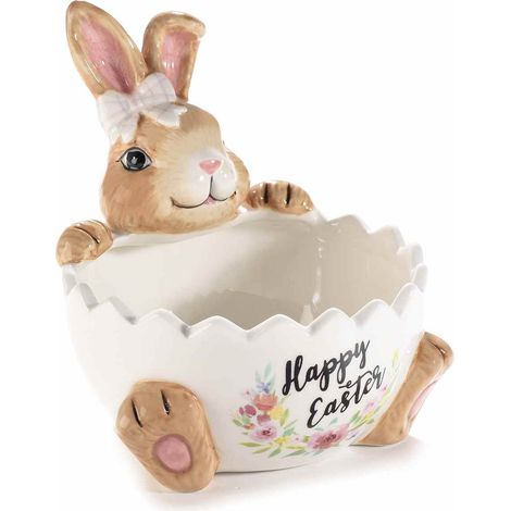 Contenitori a uovo con coniglio pasquale in ceramica colorata e scritta Happy Easter, set da 4 pezzi, cm 12 x 13,5 x 13,5 H