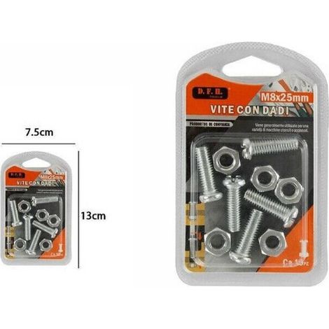 TRADE SHOP - Confezione 5 Viti Vite Con Dadi M8 X 25 Mm Accessori Bricolage Minuteria -