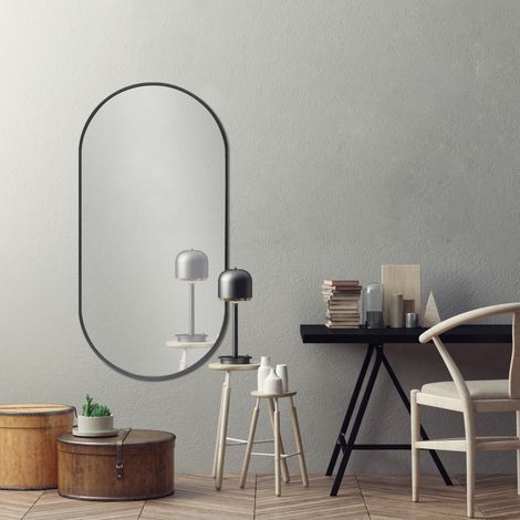 Espejo de pared para el baño Corato aluminio elíptica 40 x 80 cm negro [en.casa] (1/5)