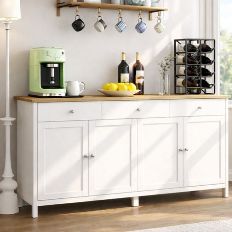 Buffet de cuisine moderne blanc 160x37x75 cm, 3 tiroirs 4 portes, étagères réglables, panneaux d’aggloméré et métal, meuble de rangement pratique pour salon et cuisine (1/5)