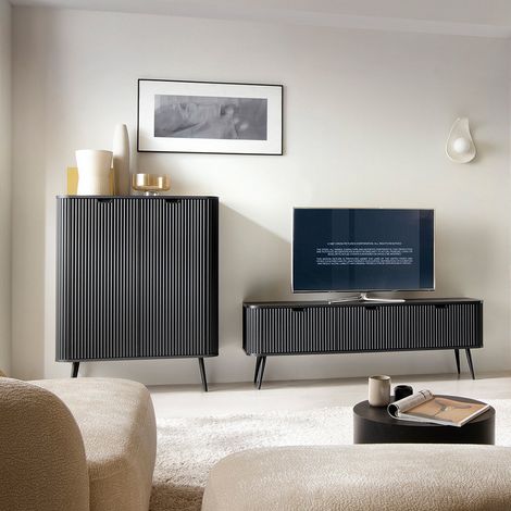 Wohnzimmer Set schwarz gerillt, Highboard und Lowboard, Füße schwarz, ZARA-160 (1/5)