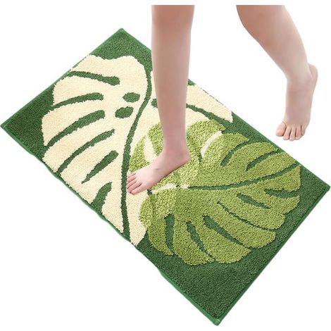 Tappetino da bagno con motivo a foglie - Antiscivolo e assorbente - Adatto per bagno o camera da letto - Tappeto in morbida microfibra - Verde - 40x60 cm - 1 pezzo (1/5)