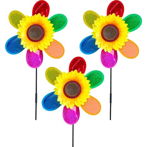 Lot de 6 moulins à vent de jardin, moulin à vent tournesol, moulin à vent à paillettes colorées, moulin à vent à fleurs d'extérieur, décoration de jardin, décoration de jardin, dissuasion des oiseaux, (1/5)