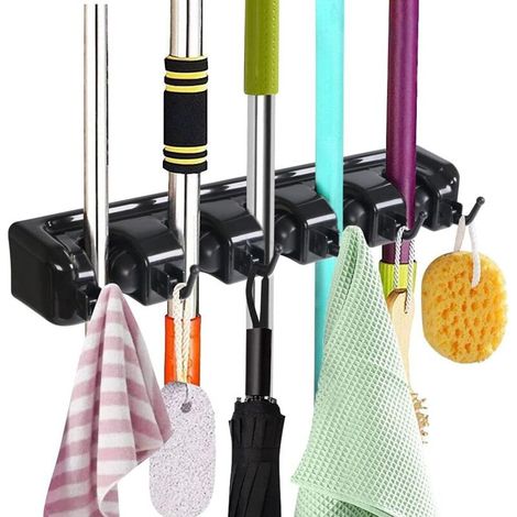 Multifunctional Wall Broom Holder, Clothes Hanger Holder with 5 Slots and 6 Hooks for Your Kitchen, Garage, Laundry Room - Free Screw Turning (1/5)