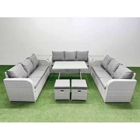 Fimous 11 Seat Outdoor PE Rattan Garden Furniture with Cushions 3 Seater Sofa 2 Side Tables 2 Small Stools Light Grey (1/4)