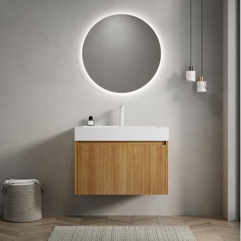 Meuble vasque suspendu moderne 70 cm avec vasque intégrée en résine blanche, 1 tiroir, finition bois naturel (1/5)