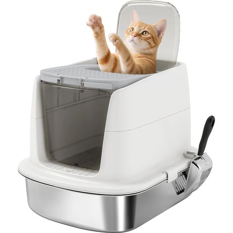 Bac à litière pour chat, design semi-fermé, facile à nettoyer, Blanc, 52.4X41.3X39.8 cm (1/2)