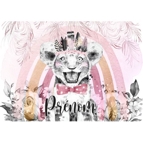 Papier peint panoramique enfant avec prénom personnalisable - Lion Indien - 130 cm x 90 cm (1/2)