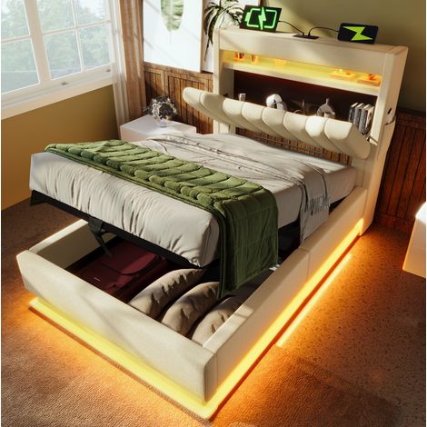 Polsterbett 90/200 cm beige aus Leinen mit LED, Stauraumkopfteil und USB-C (1/5)