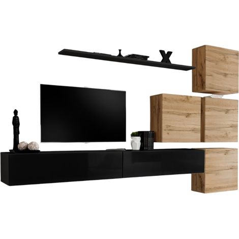 Wand-Wohnzimmermöbelset SWITCH IX im Design, Farbe Hochglanz-Schwarz und Wotan-Eiche.