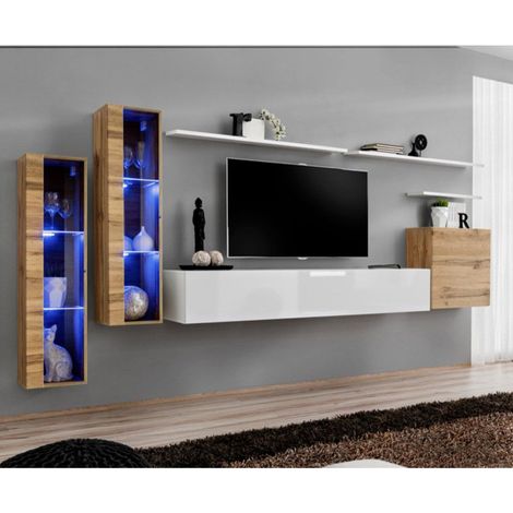 Meuble TV Mural Design "Switch XI" 330cm Naturel & Blanc (1/4)