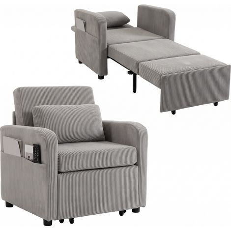 HOMCOM sofá cama 1 plaza convertible, 3 en 1, sillón cama de pana con respaldo ajustable, almohada extraíble, para salón, dormitorio, gris (1/5)