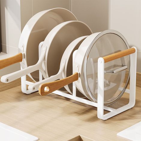 Organisateur de rangement pour ustensiles de cuisine, gain de place, en acier au carbone, avec égouttoir à 3 compartiments pour casseroles et poêles. (1/5)