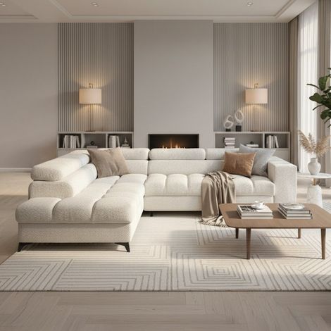 EMMA MINI - Canapé d'angle convertible avec coffre et têtières relevables en tissu beige - Angle gauche (1/4)