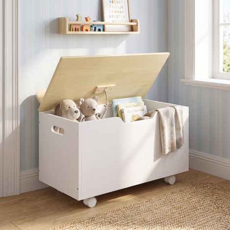 Coffre à jouet enfant sur roulettes, coffre de rangement enfant avec couvercle rabattable, 59 x 30 x 53 cm, blanc (1/5)