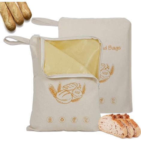 Sacchetti per il pane in cera d'api, riutilizzabili, con cerniera e manici, in cotone naturale, per pane fatto in casa (set da 2, 33x43 cm) (1/4)