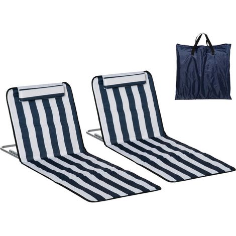 Transat pliant, chaise longue de jardin avec appui-tête, chaise longue avec dossier réglable 5 positions, sac de transport, bleu