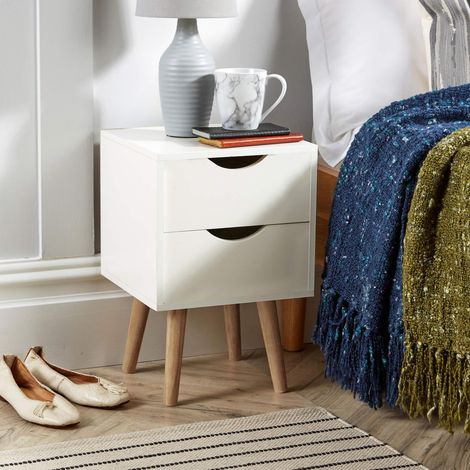 White Bedside Cabinet 2 Drawer Lamp Side Table Solid Wood Legs Scandi Style (1/5)