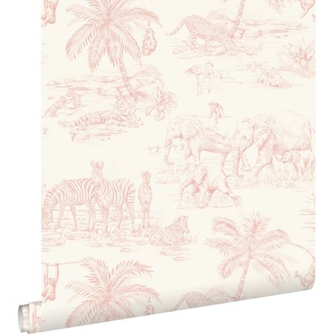 papier peint animaux de la jungle rose clair et blanc - ESTAhome