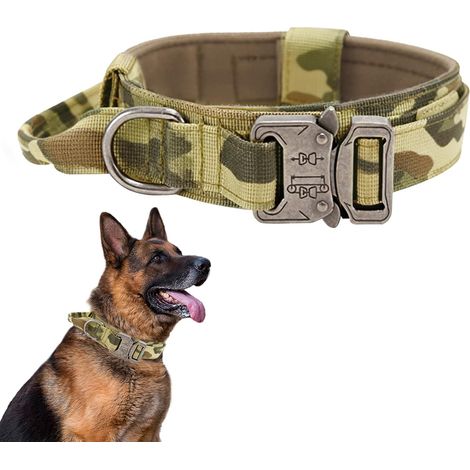 Collier de Chien Tactique - Militaire Collier avec Poignée de Commande, Réglable Nylon Chien Rembourré pour Chiens de Taille Moyenne Grand Entraînement (Camo, XL) (1/5)