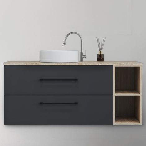 AICA Ensemble de meubles de salle de bain Suspendu 120cm avec Vasque, 2 Tiroirs + Rangements Ouverts + Vasque céramique, Chêne + Anthracite