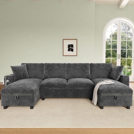 Canapé U 2 places avec 2 chaises longues Chenille gris canapé modulable avec coffre USB Type-C 284x135x84 cm pour salon moderne (1/5)