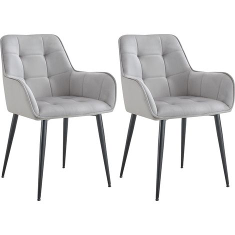 Lot de 2 chaises de salle à manger avec accoudoirs en velours gris clair capitonné cadre métal noir 100007494