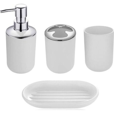 Modernes Badezimmer-Accessoire-Set, 4-teilig, bestehend aus Lotionflaschen, Zahnbürstenhalter und Zahnbürstenbecher.