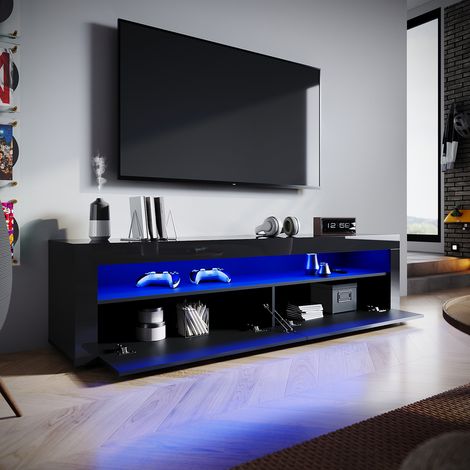 SIRHONA Meuble tv Noir avec lumières LED Meuble tv suspendu Espace de rangement multicouche 180x40x45cm Porte battante design sans poignée (1/4)