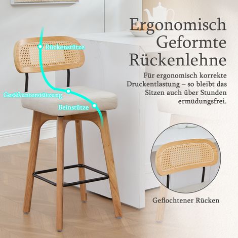 Set di 2 sgabelli da bar girevoli a 360°, sgabelli da cucina e da bar per la colazione con schienale, schienale in rattan con seduta imbottita, sgabelli da bar in stile moderno di metà secolo (beige, (1/5)