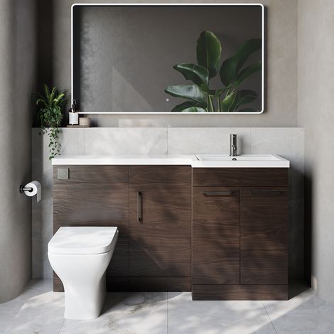 Napoli 390 Brown Oak 1500mm 3 Door Vanity Unit Toilet Suite with Right Hand Square Lucia Basin - 1500mm - Gunmetal Grey 160mm HandleWith Kingston Toilet Pan and Seat