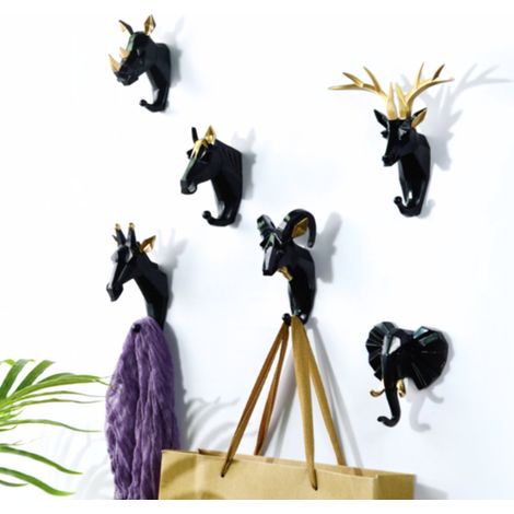 6 Pièces Crochets Patères Porte Manteau Mural Tête d'Animal Cerf Éléphant Chèvre Crochets Decoratif Murale Créatif en Résine Rétro Vintage Crochet de Porte pour Entrée Chambre Salle de Bain,or noir (1/4)