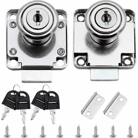 Paquete de 2 cerraduras para cajones de oficina, cerradura cilíndrica para muebles, ideal para cerrar armarios, cajones, alacenas, etc., gruesa y duradera (20 mm), color plata. (1/4)