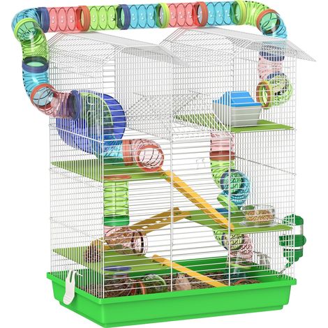 Cage pour hamster, souris et petits rongeurs avec tunnel, mangeoire, roue d'exercice et jouets. Dimensions : 47 x 30 x 59 cm. Verte.