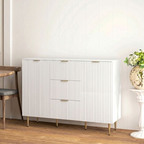 Buffet meuble cuisine rangement avec 3 tiroirs, étagères réglables, placards à portes cannelées, 120 x 40 x 90 cm, blanc (1/5)