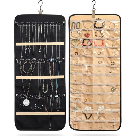 Estuche enrollable para joyas, de doble cara, organizador de joyas colgante, soporte de joyería de pared con 48 bolsillos para colgar pendientes, anillos, collares y cadenas. (1/5)